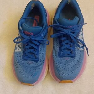 Hoka Bondi 8 Women's Athletic Shoes in Blue and Pink (See Inside Heel Damage)